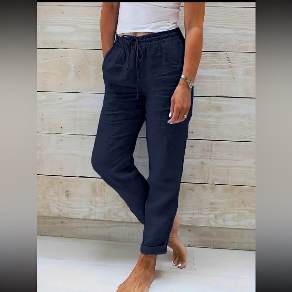 Women Spring/Summer Solid Color Elastic Waist Drawstring Casual Pants Navy NWOT